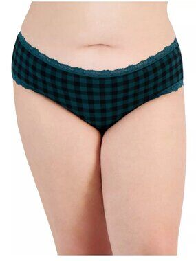 Jenni Women's Plus Size Lace Trim Hipster Panty Underwear, Green Buffalo Plaid